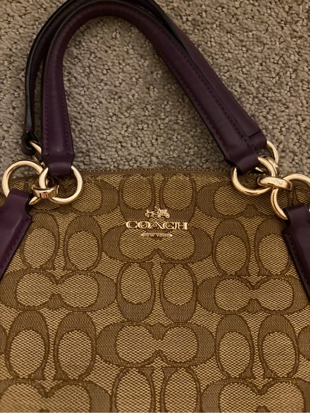 Coach Brown Signature Canvas Shoulder Bag with Dark Purple Handles